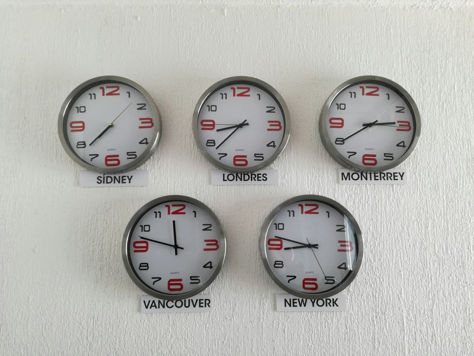 Five wall clocks in a row labelled Sydney, London, Monterrey, Vancouver and New York, each showing a different time