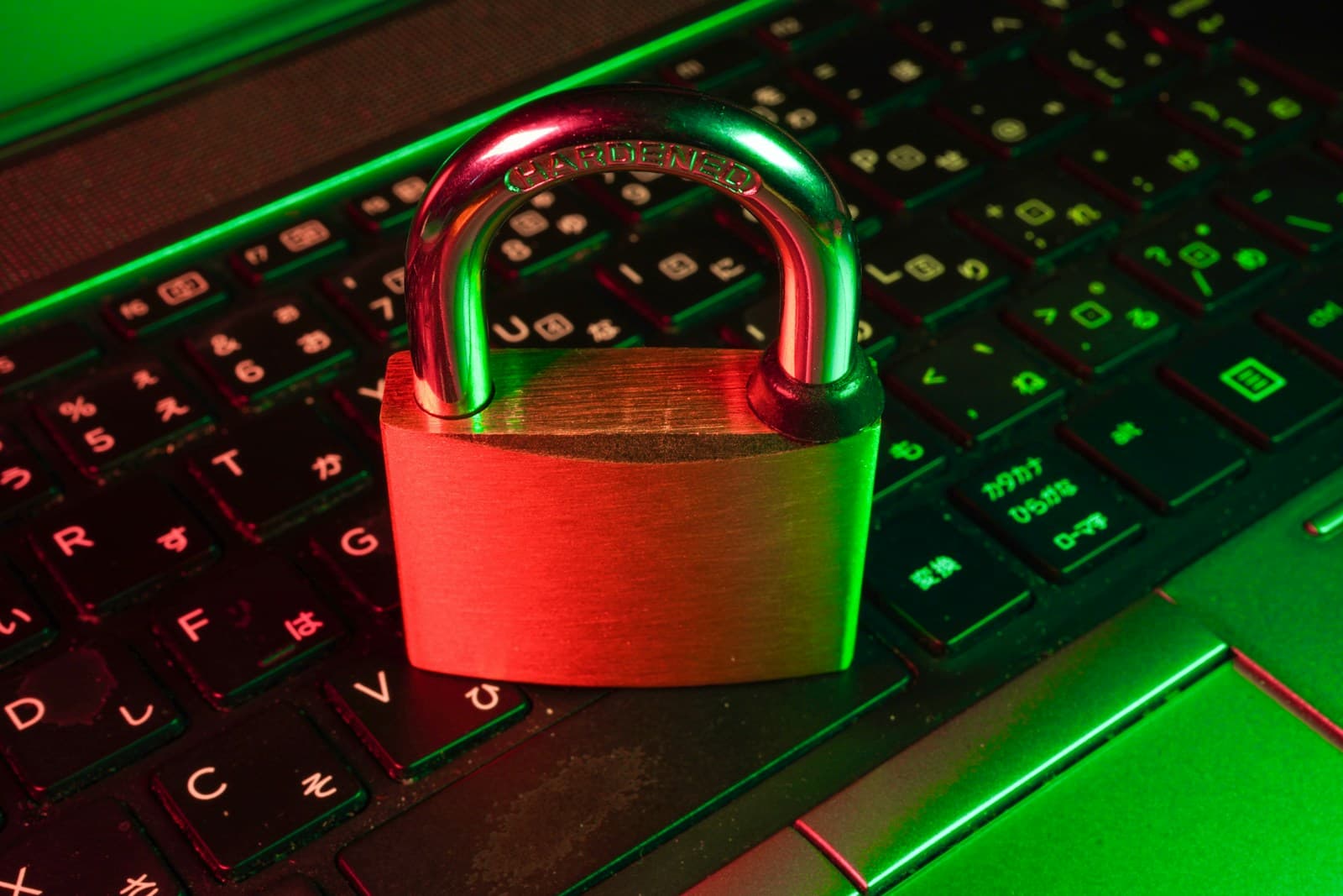 A brass padlock resting on a laptop keyboard lit in red and green, standing in for a scoped API key