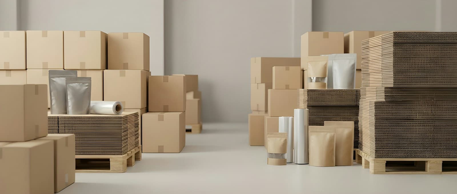 Stacks of flat-packed cardboard boxes, mailer bags and rolls of packing film on pallets in a bright warehouse