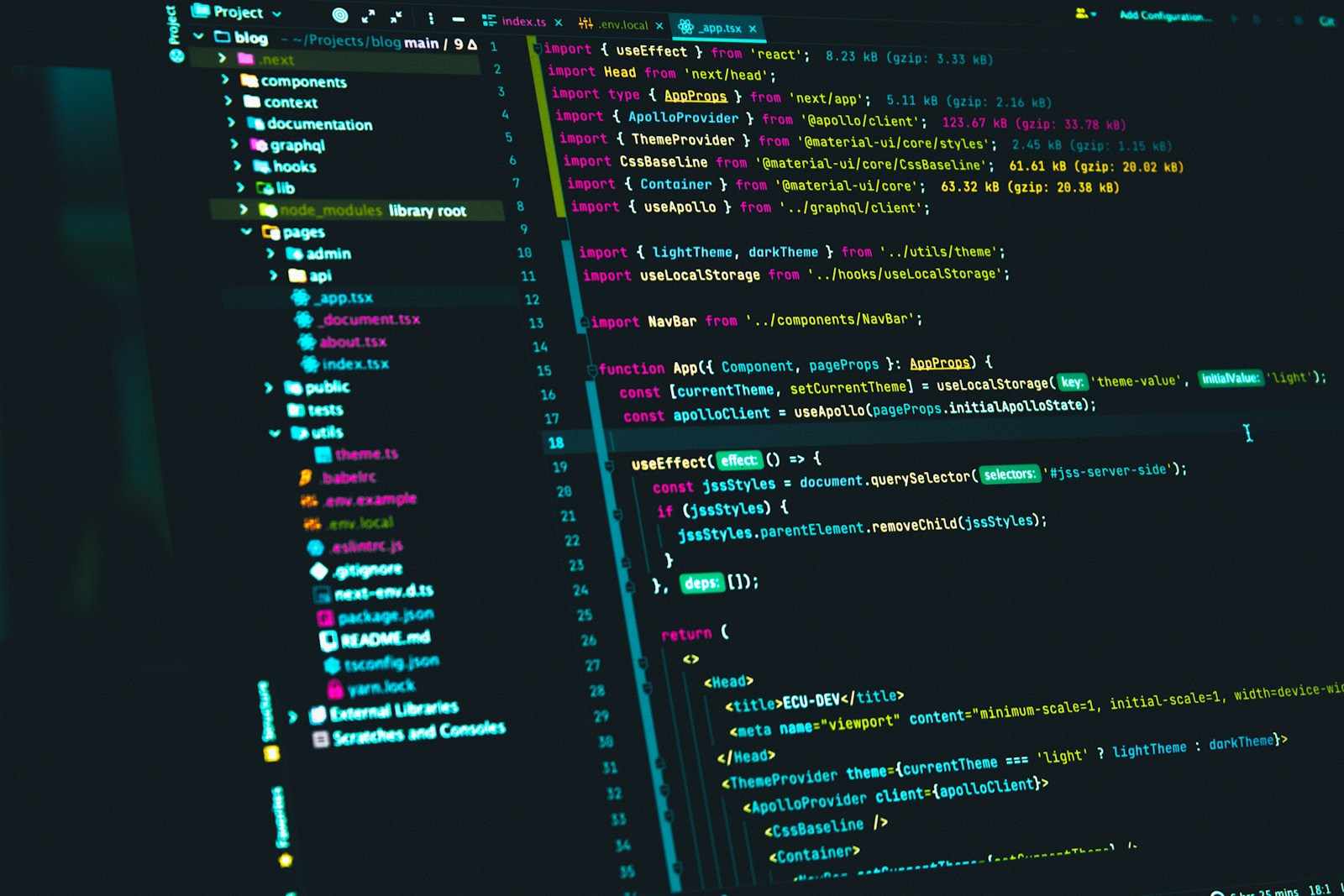 A code editor showing a Next.js custom App file with imports, a useEffect hook and the project's file tree