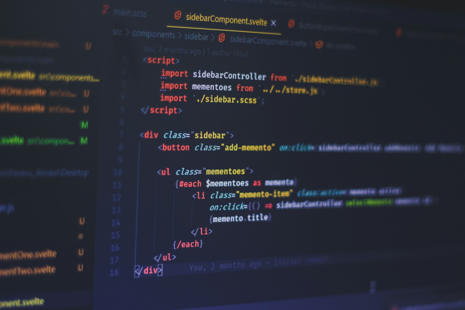 Svelte component code on a dark editor screen, with script imports, a sidebar div and an each block