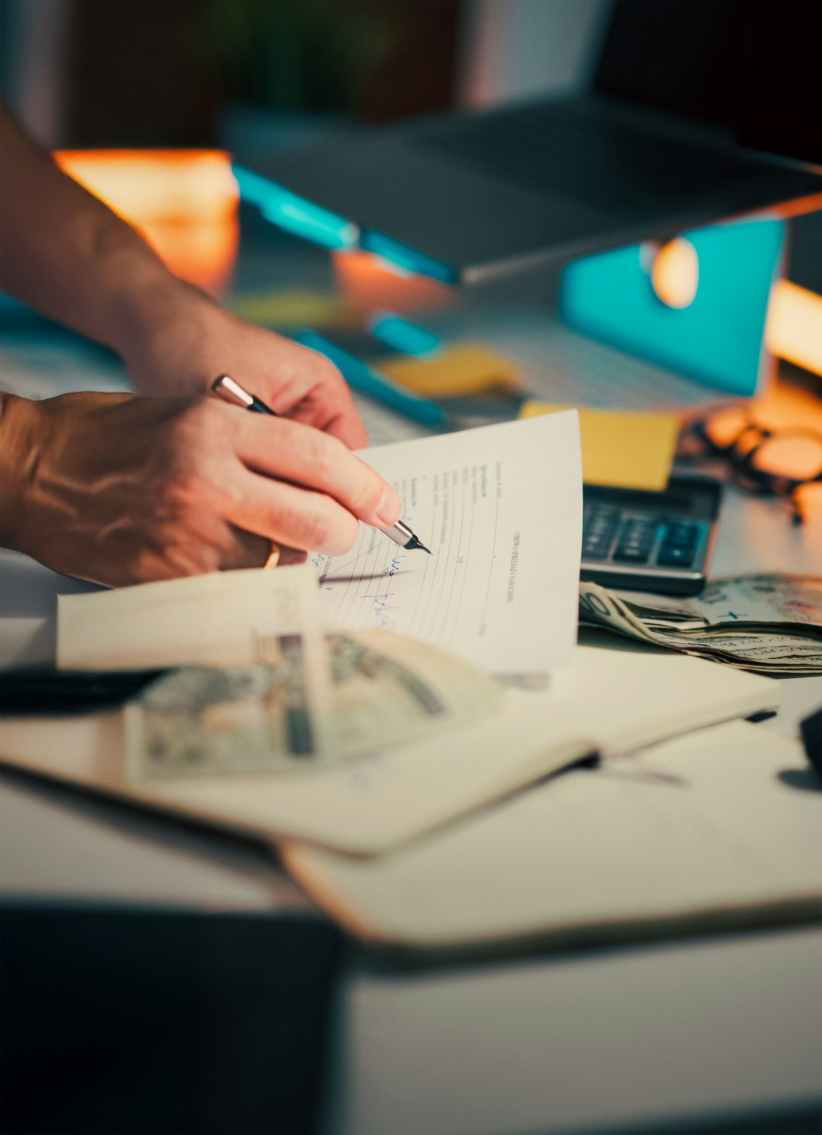 Close-up of hands filling in and signing a paper form on a desk beside banknotes and a calculator