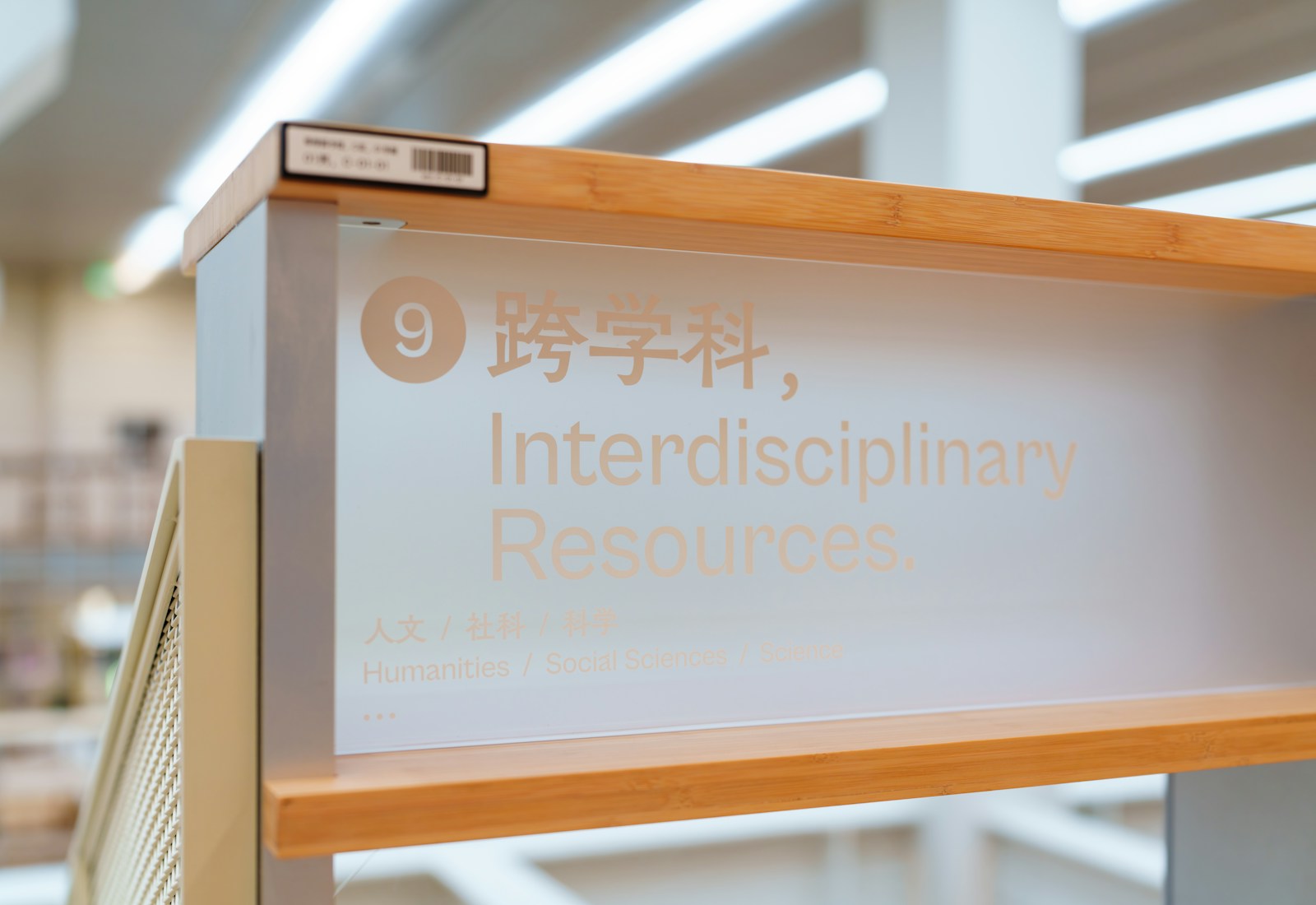 A wooden library shelf carries a bilingual sign for interdisciplinary resources, listing humanities, social sciences and science