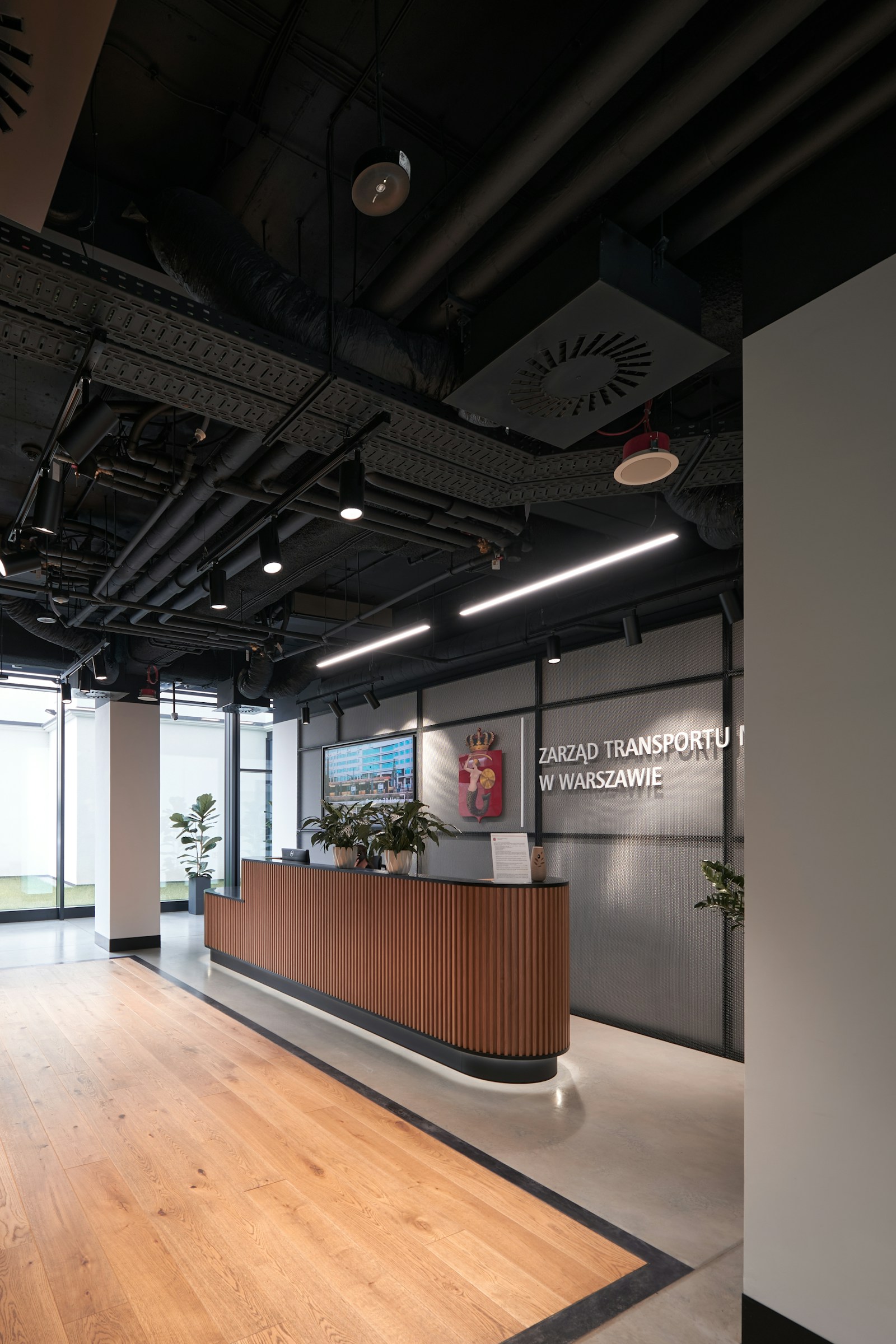 An empty curved wooden reception desk with potted plants in a modern office lobby with an oak floor and exposed ceiling pipes