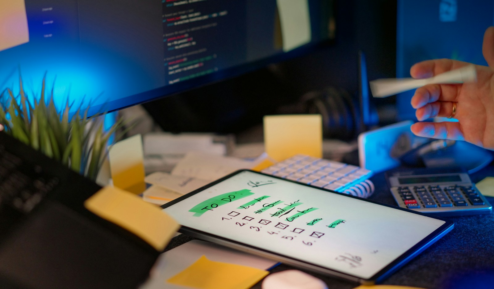 A handwritten to-do list on a tablet beside yellow sticky notes, a calculator and a monitor showing code