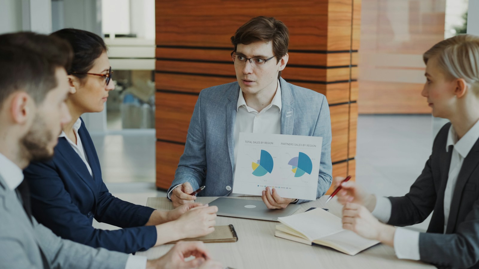 A man in a blue blazer presents printed sales-by-region pie charts to three colleagues at a meeting table