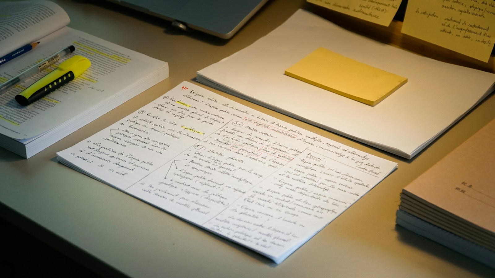 Handwritten notes on a desk beside a printed book with yellow-highlighted lines, a highlighter and a sticky note pad