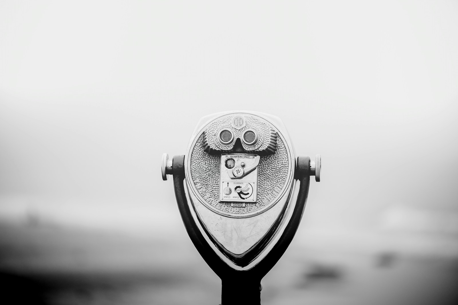 Black-and-white close-up of coin-operated viewing binoculars marked quarters only, standing against a pale, foggy background