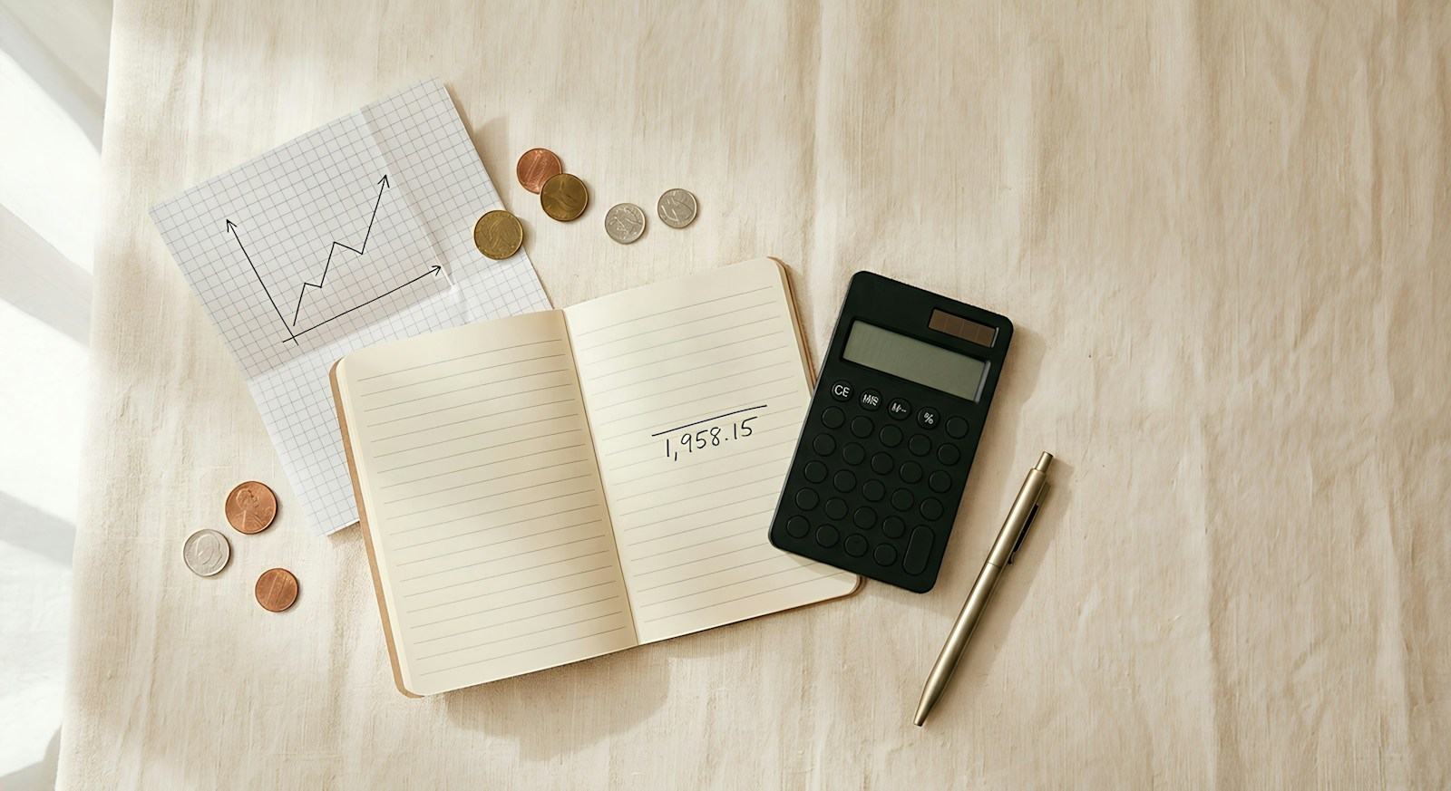 An open notebook with a handwritten total lies beside a black calculator, scattered coins, a pen and a chart