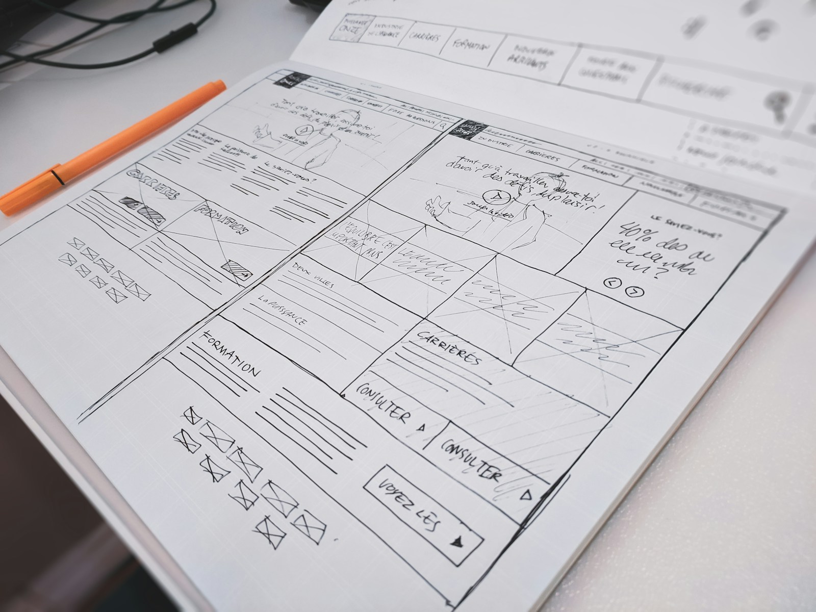 A hand-drawn website wireframe sketched in a notebook on a white desk beside an orange felt-tip pen